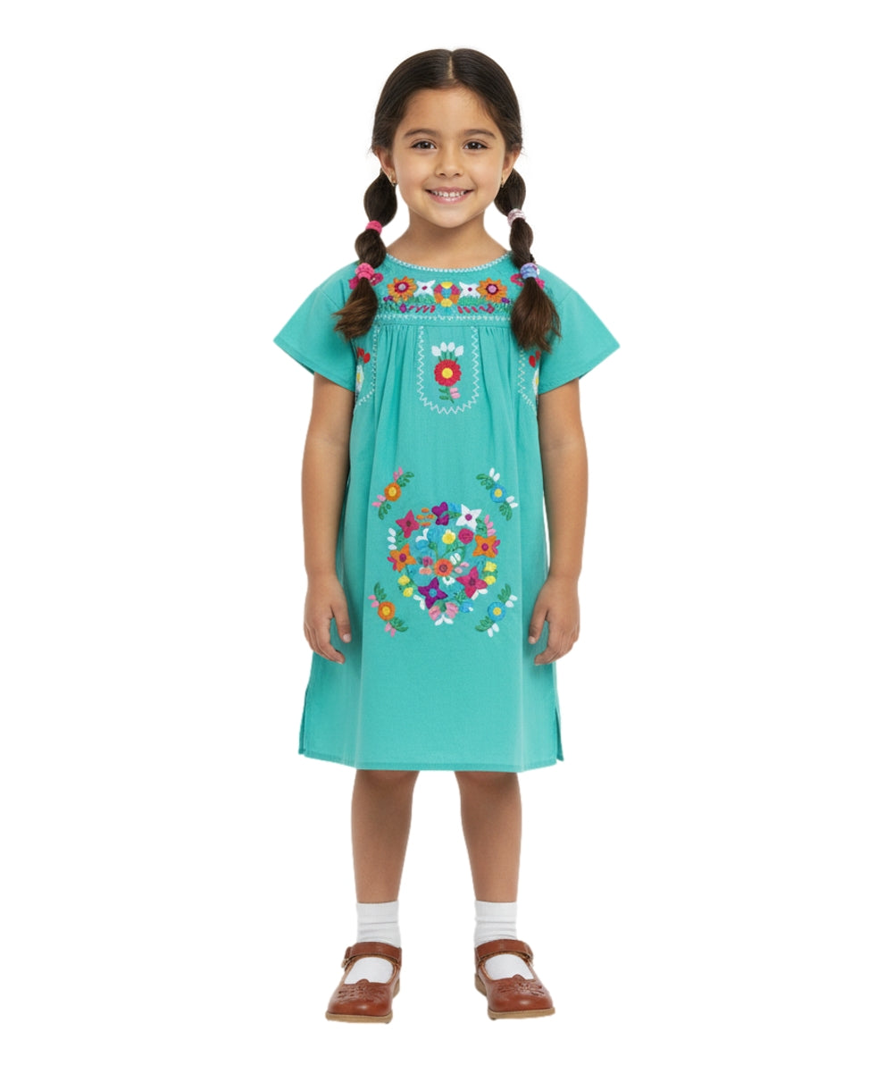 Traditional Mexican Girl Embroidered Dress - 100 Percent Cotton Fabric, Vibrant Embroidery, Knee Length, Multiple Colors, Sizes 2-8