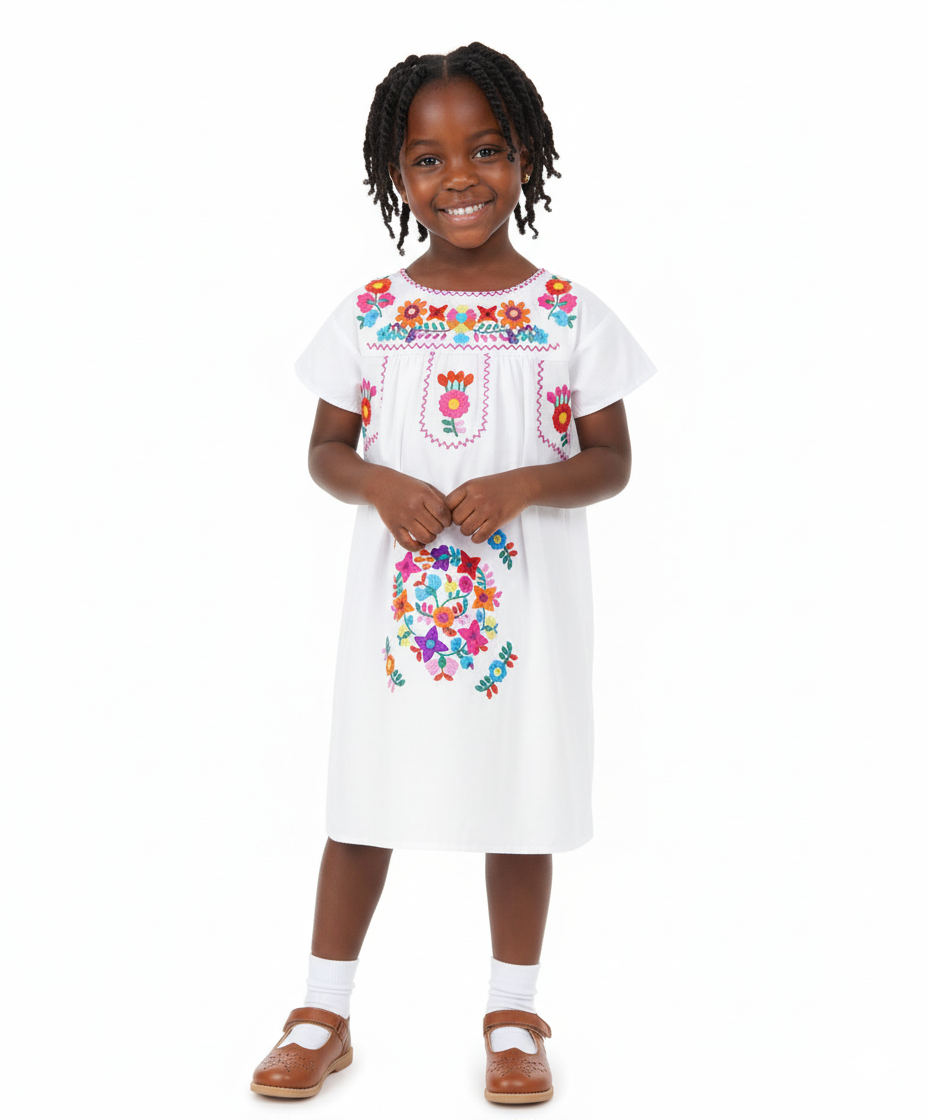 Traditional Mexican Girl Embroidered Dress - 100 Percent Cotton Fabric, Vibrant Embroidery, Knee Length, Multiple Colors, Sizes 2-8