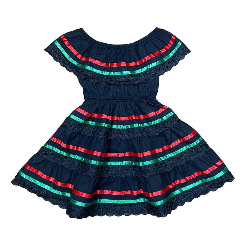 Traditional Mexican Cinco De Mayo Fiesta Dress Cotton Fabric - Black, Girls Dress, Sizes 2-14 (1 Piece)
