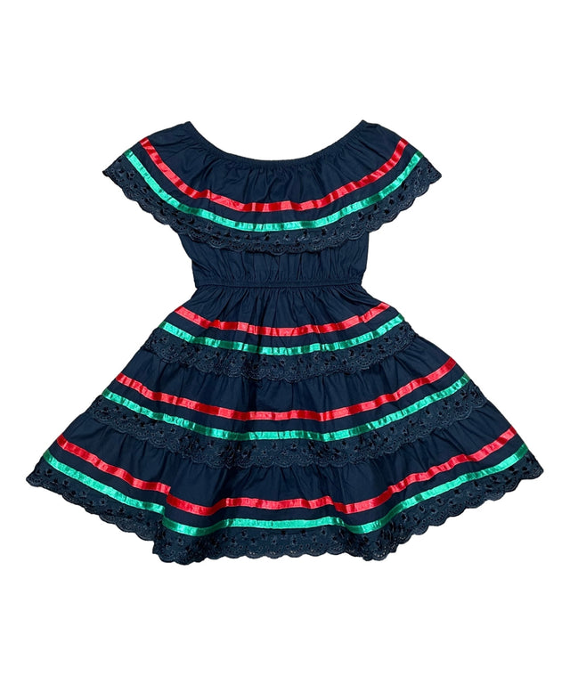 Traditional Mexican Cinco De Mayo Fiesta Dress Cotton Fabric - Black, Girls Dress, Sizes 2-14 (1 Piece)
