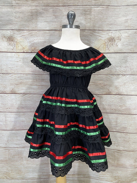 Traditional Mexican Cinco De Mayo Fiesta Dress Cotton Fabric - Black, Girls Dress, Sizes 2-14 (1 Piece)