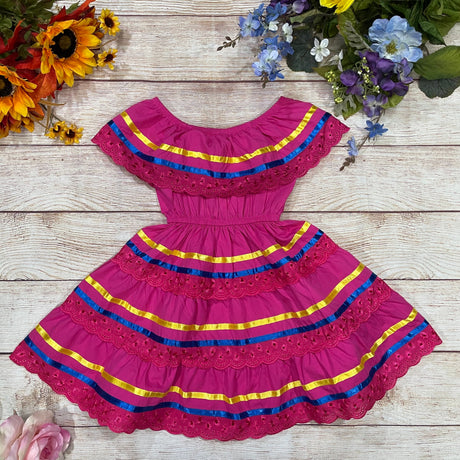 Traditional Mexican Cinco De Mayo Fiesta Dress - Pink, Girls Dress (Sizes 2-14)