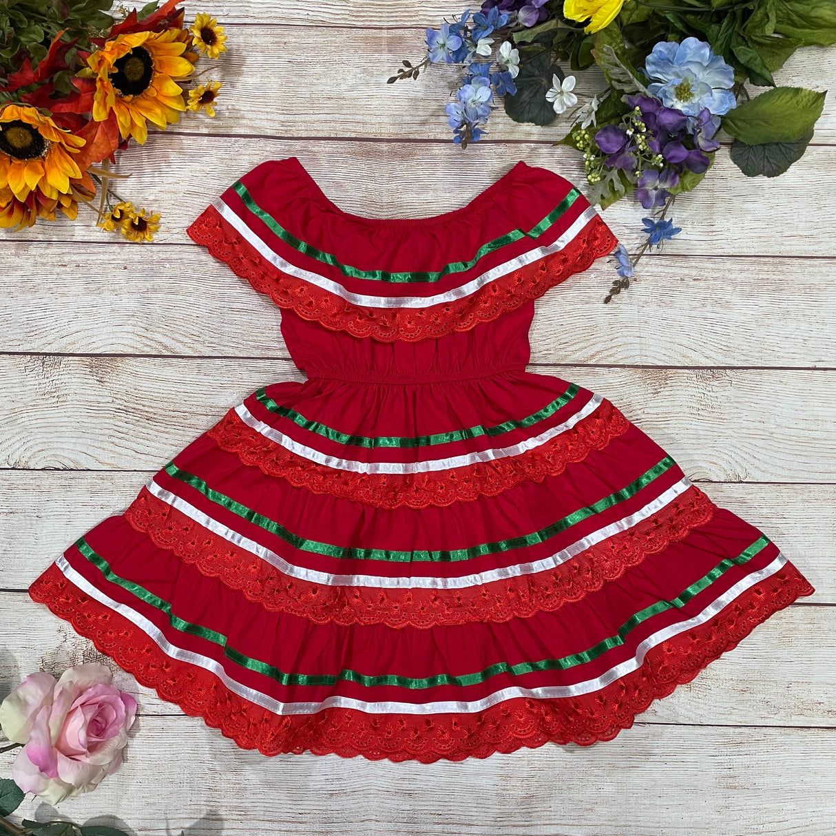 Girl's Red X Traditional Mexican Cinco De Mayo Fiesta Dress - Red, Traditional Mexican Style, Sizes 2-14 (1 Piece)
