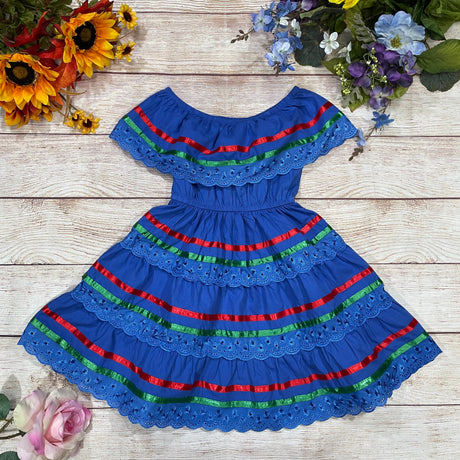 Royal X Traditional Mexican Fiesta Dress - Royal Blue, Cinco De Mayo Style, Sizes 2-14 (1 Piece)