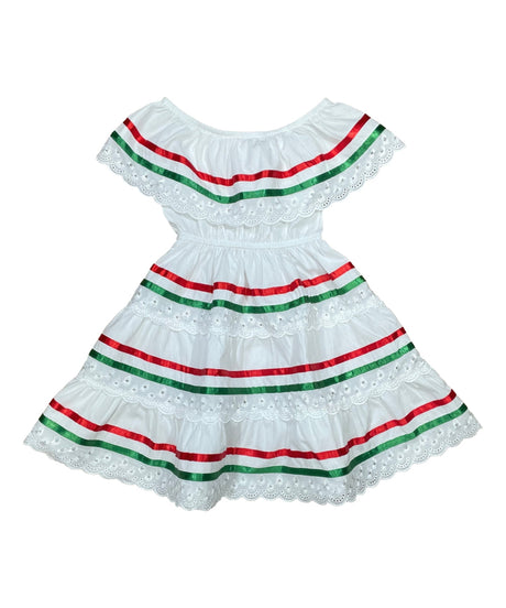 Girl's White Traditional Mexican Cinco De Mayo Fiesta Dress - White, Traditional Mexican Fiesta Style, Sizes 2-14 (1 Piece)