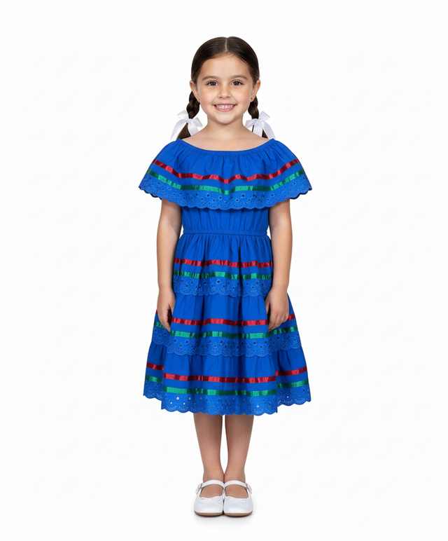 Royal X Traditional Mexican Fiesta Dress - Royal Blue, Cinco De Mayo Style, Sizes 2-14 (1 Piece)