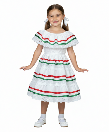 Girl's White Traditional Mexican Cinco De Mayo Fiesta Dress - White, Traditional Mexican Fiesta Style, Sizes 2-14 (1 Piece)