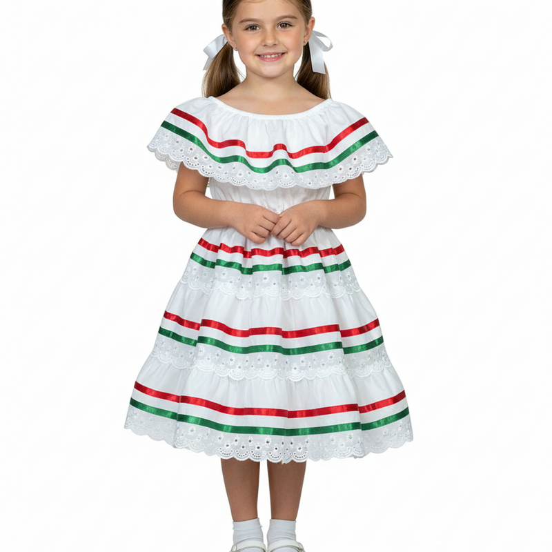 Girl's White Traditional Mexican Cinco De Mayo Fiesta Dress - White, Traditional Mexican Fiesta Style, Sizes 2-14 (1 Piece)