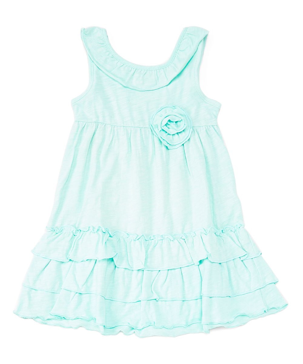Girl Ruffle Dress With Flower Cotton Blend Fabric - Coral, Fuchsia, Periwrinkle, Mint, Ruffle, 2-8 (1 Piece)