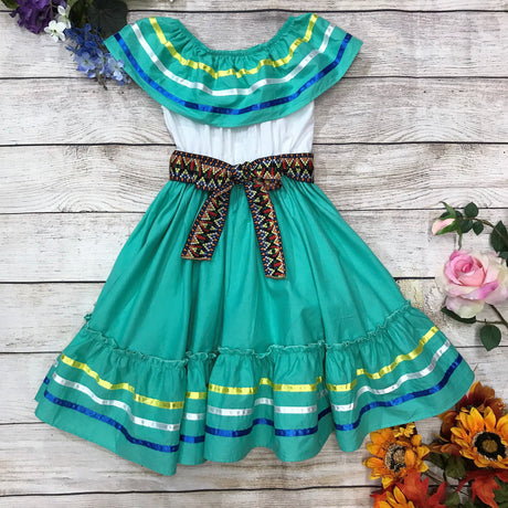 Unik Girl's Fancy Traditional Mexican Cinco De Mayo Fiesta Dress - Colorful Embroidered Fiesta Dress, Size 4-14 (1 Piece)