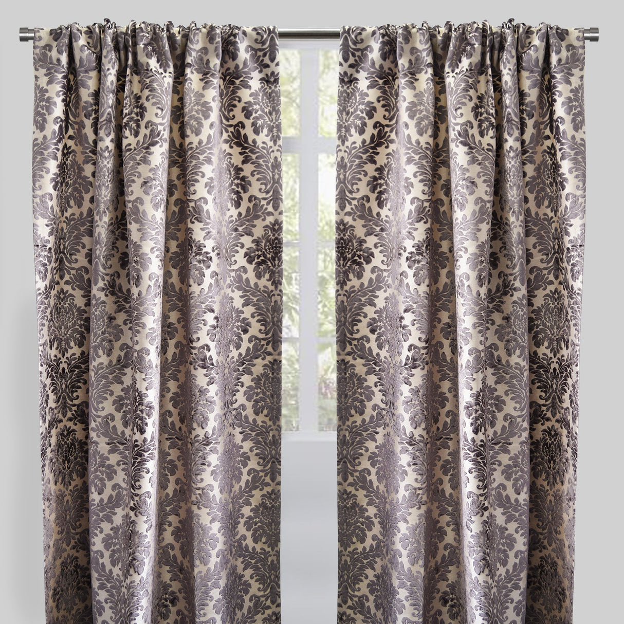 Georgina Curtain Panels Polyester Fabric - Traditional Damask Floral Cut Velvet Jacquard, 54" X 96", Rod Pocket, Room Darkening (1 Pair)