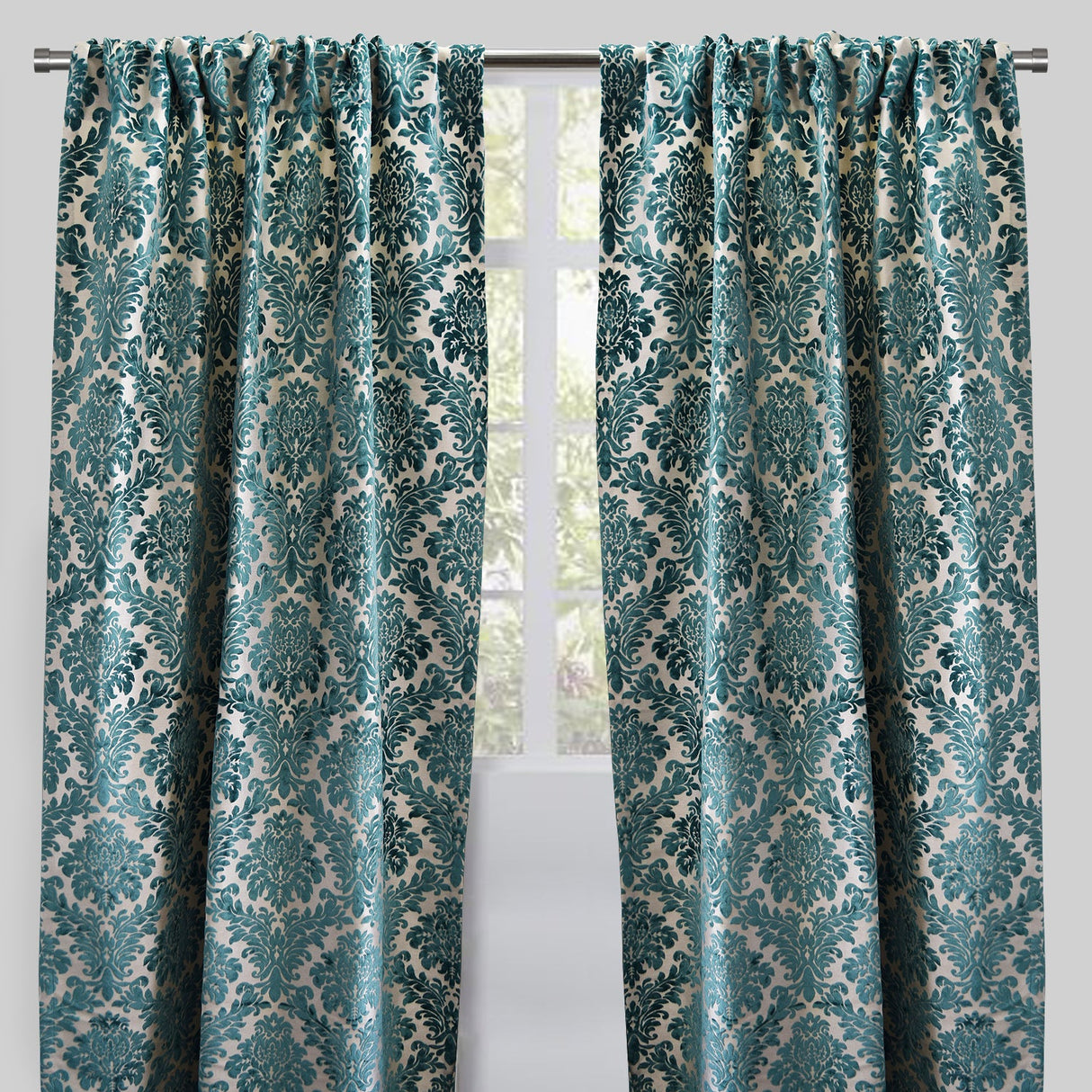 Georgina Curtain Panels Polyester Fabric - Traditional Damask Floral Cut Velvet Jacquard, 54" X 96", Rod Pocket, Room Darkening (1 Pair)
