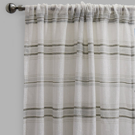 Giorgio Linen Look Polyester Fabric - Metallic Striped Sheer, 54" X 96", Spa, Gray, Beige (2 Panels)