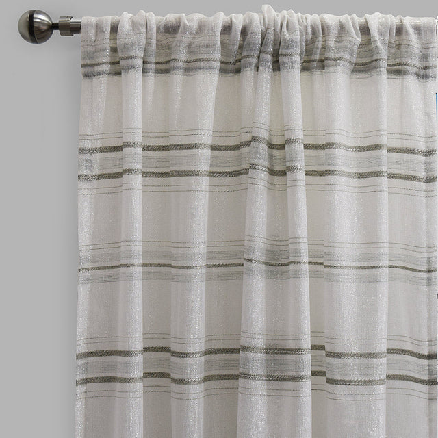 Giorgio Linen Look Polyester Fabric - Metallic Striped Sheer, 54" X 96", Spa, Gray, Beige (2 Panels)