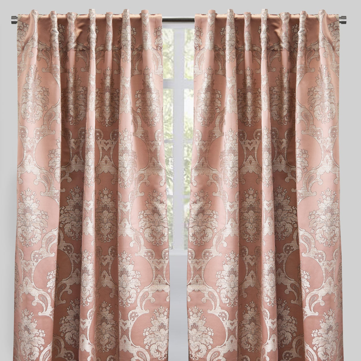 Katherine Traditional Jacquard Polyester Fabric - Textured Damask Faux Silk, Room Darkening, 54" X 96", Rod Pocket - Back Tab (1 Pair)