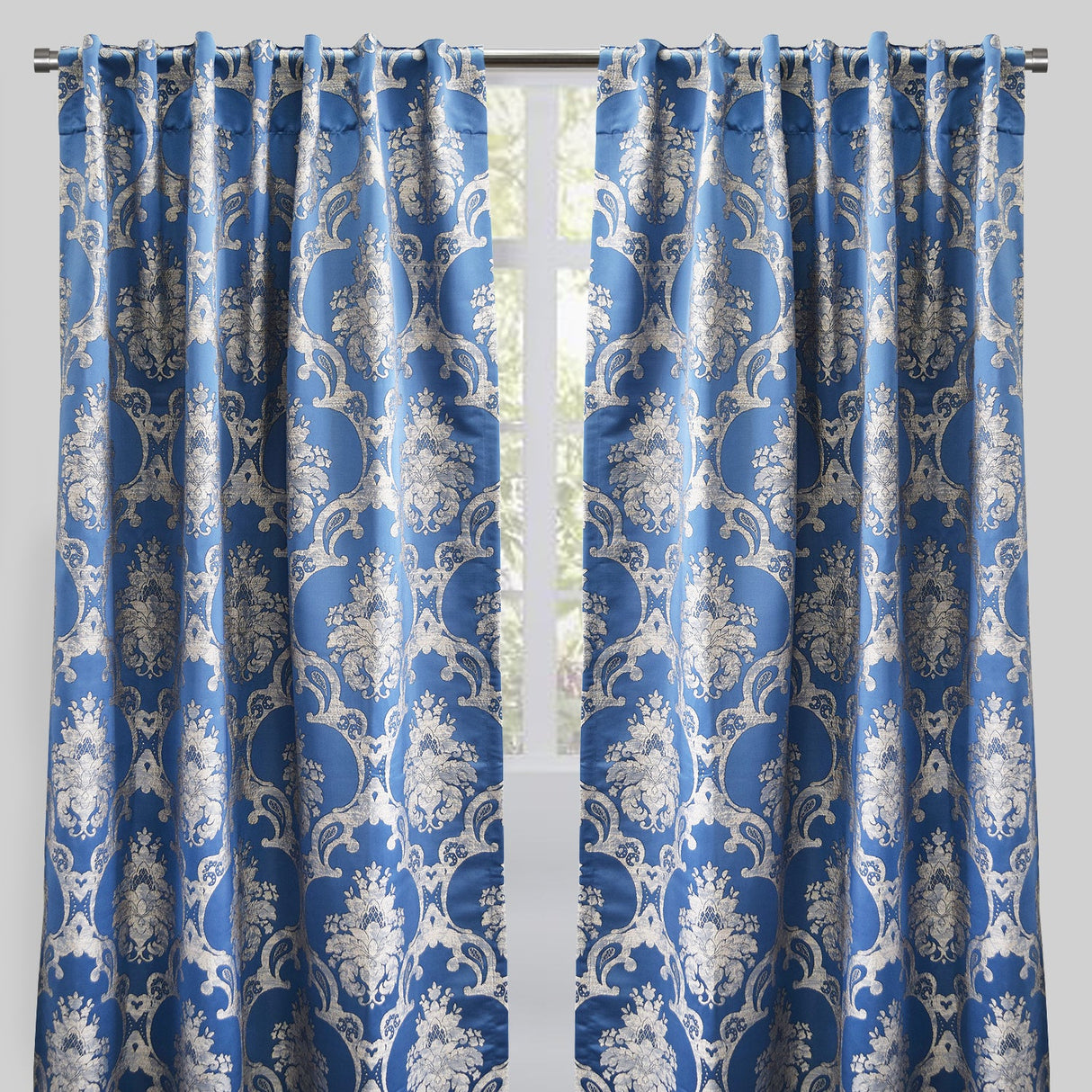 Katherine Traditional Jacquard Polyester Fabric - Textured Damask Faux Silk, Room Darkening, 54" X 96", Rod Pocket - Back Tab (1 Pair)