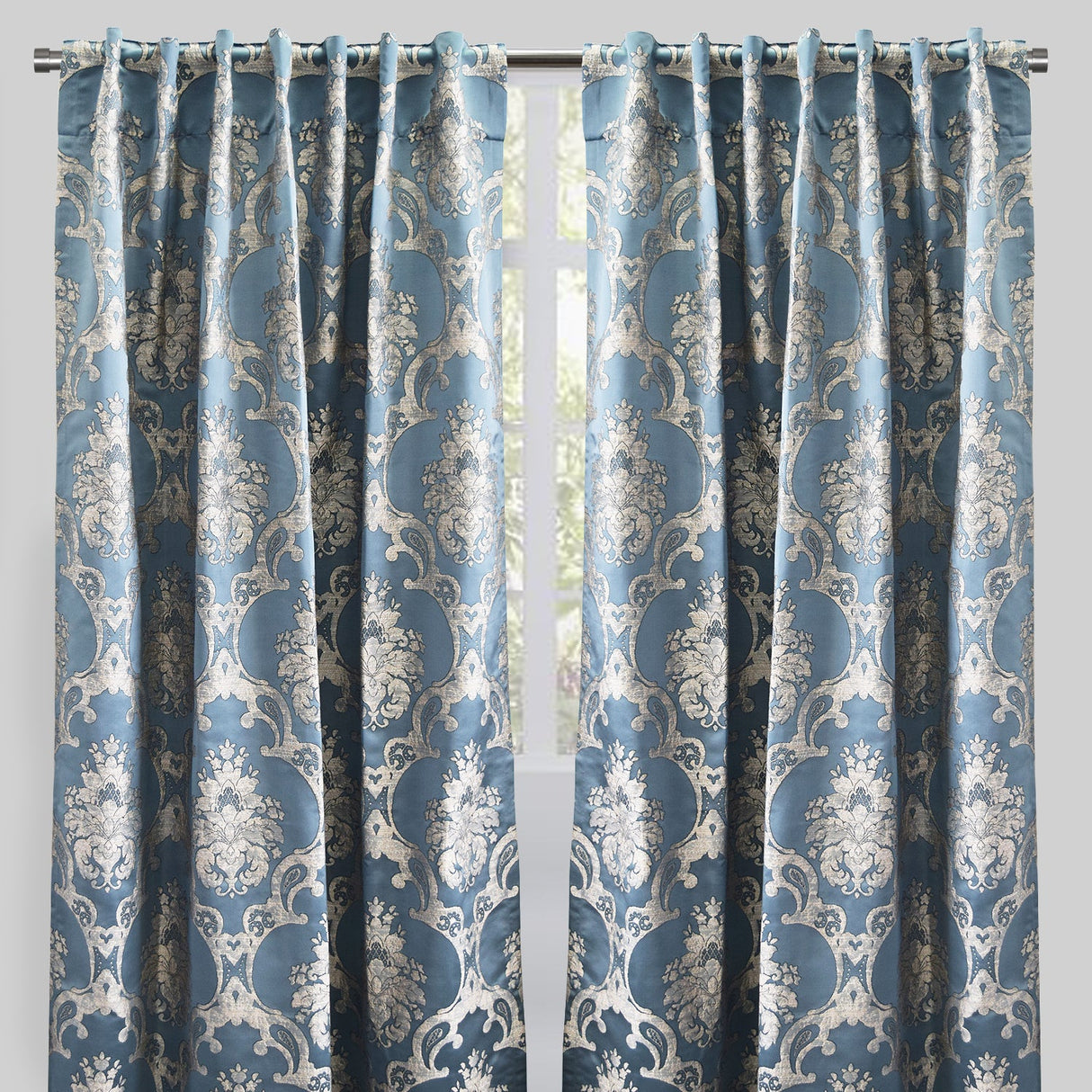 Katherine Traditional Jacquard Polyester Fabric - Textured Damask Faux Silk, Room Darkening, 54" X 96", Rod Pocket - Back Tab (1 Pair)