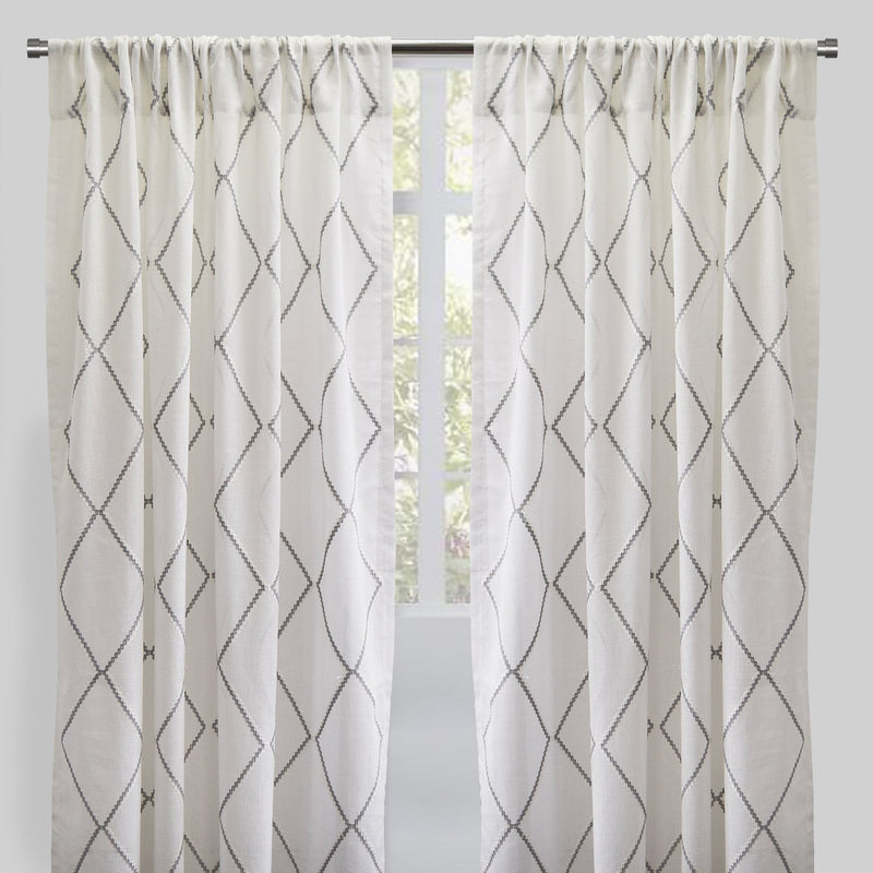 Katie Curtain Panels Polyester Fabric - Sheer Linen Look, Square Embroidery, 54" X 96" (Sold By The Pair)