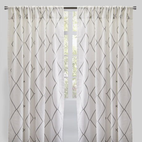 Katie Curtain Panels Polyester Fabric - Sheer Linen Look, Square Embroidery, 54" X 96" (Sold By The Pair)