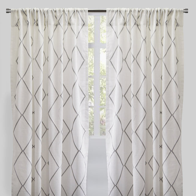 Katie Curtain Panels Polyester Fabric - Sheer Linen Look, Square Embroidery, 54" X 96" (Sold By The Pair)