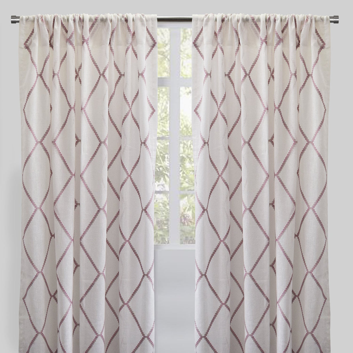 Katie Curtain Panels Polyester Fabric - Sheer Linen Look, Square Embroidery, 54" X 96" (Sold By The Pair)