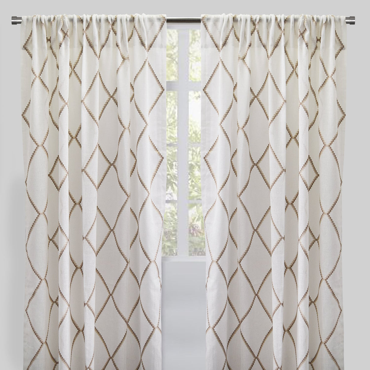 Katie Curtain Panels Polyester Fabric - Sheer Linen Look, Square Embroidery, 54" X 96" (Sold By The Pair)