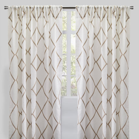 Katie Curtain Panels Polyester Fabric - Sheer Linen Look, Square Embroidery, 54" X 96" (Sold By The Pair)