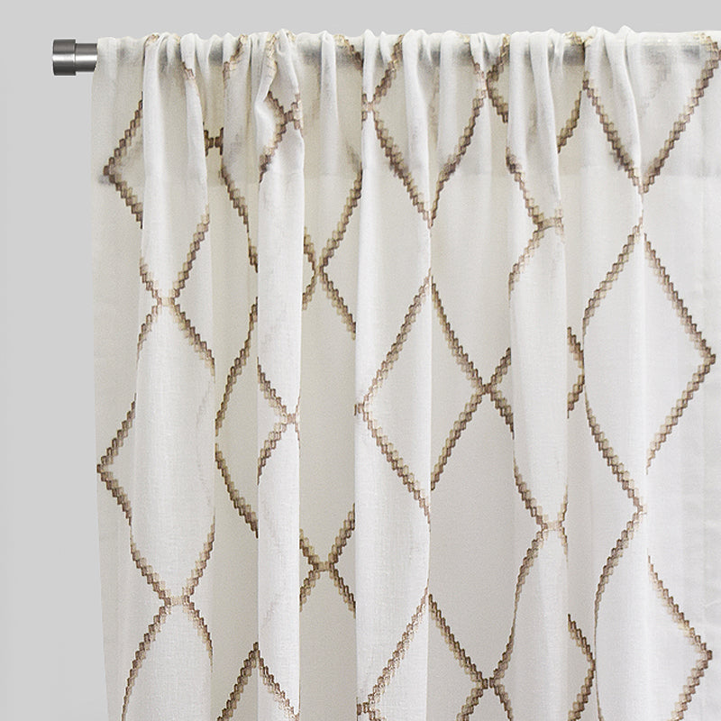 Katie Curtain Panels Polyester Fabric - Sheer Linen Look, Square Embroidery, 54" X 96" (Sold By The Pair)