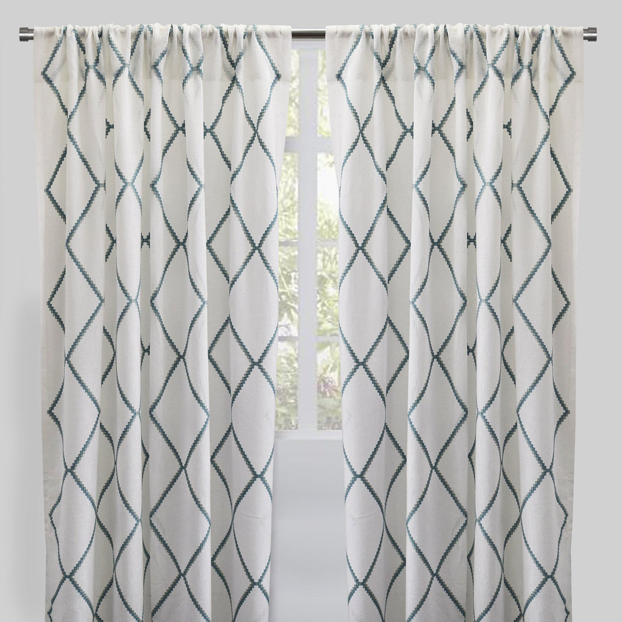 Katie Curtain Panels Polyester Fabric - Sheer Linen Look, Square Embroidery, 54" X 96" (Sold By The Pair)