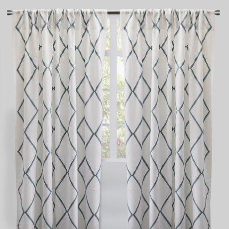 Katie Curtain Panels Polyester Fabric - Sheer Linen Look, Square Embroidery, 54" X 96" (Sold By The Pair)