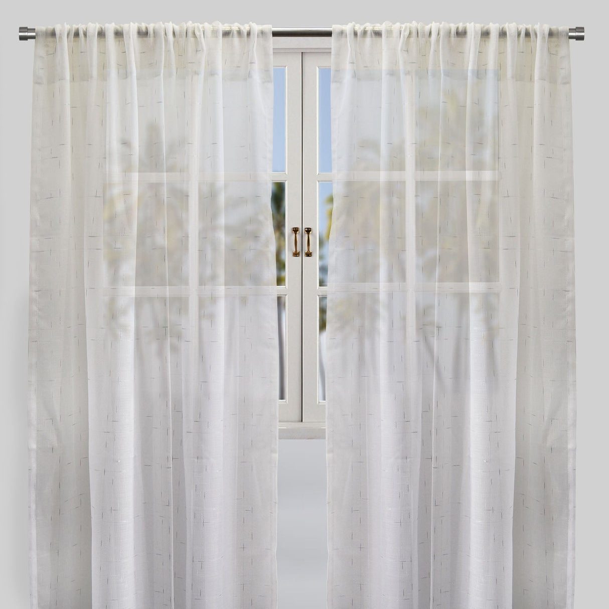 Larson Curtain Panels Polyester Fabric - Sheer Linen Look, Metallic Threading, White/Silver, 54X84, 54X96, Rod Pocket (Sold By The Pair)