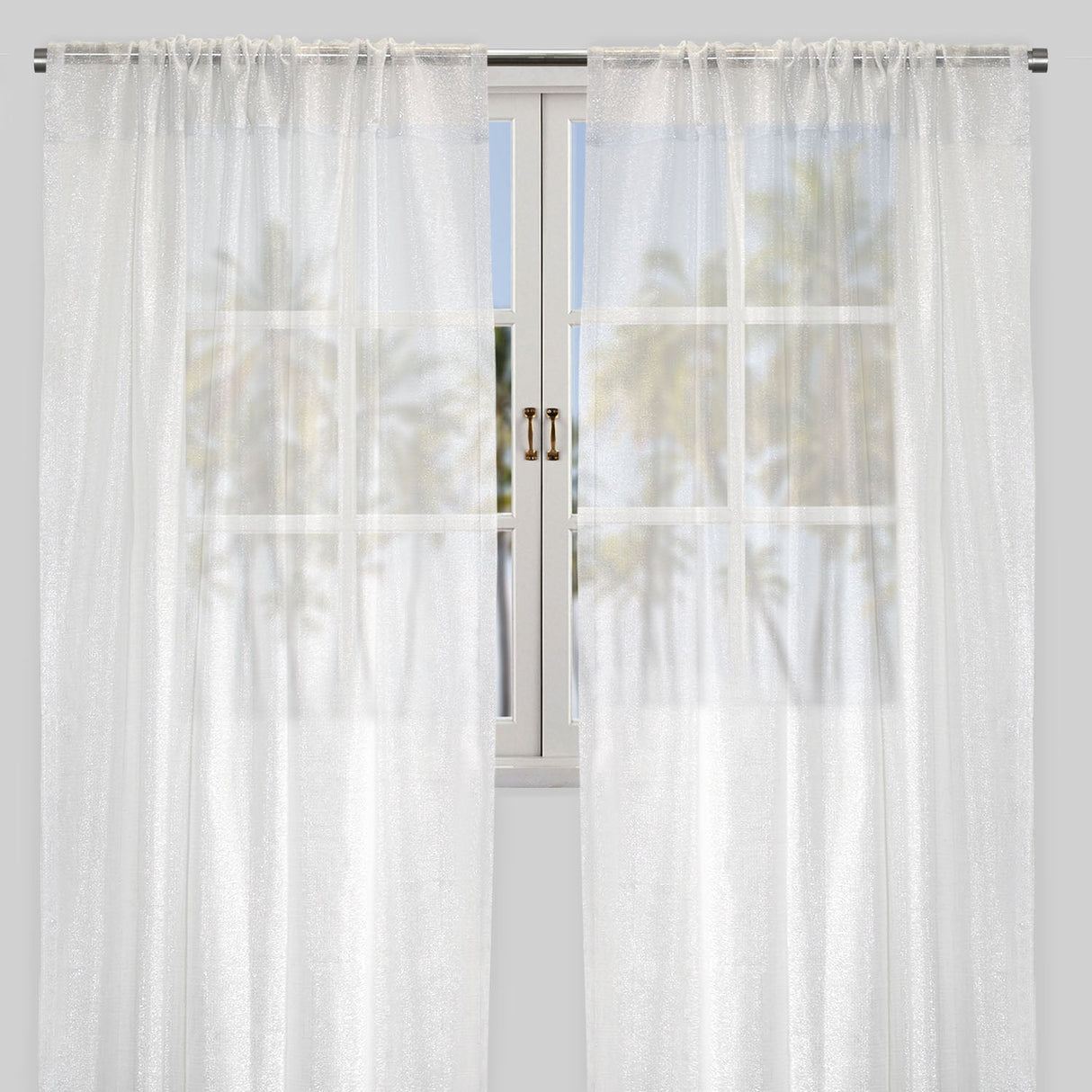 Morocco Polyester Fabric - Solid Textured Metallic Sheer, White/Ivory/Silver, 54" X 84" Or 54" X 96" (Set Of 2)