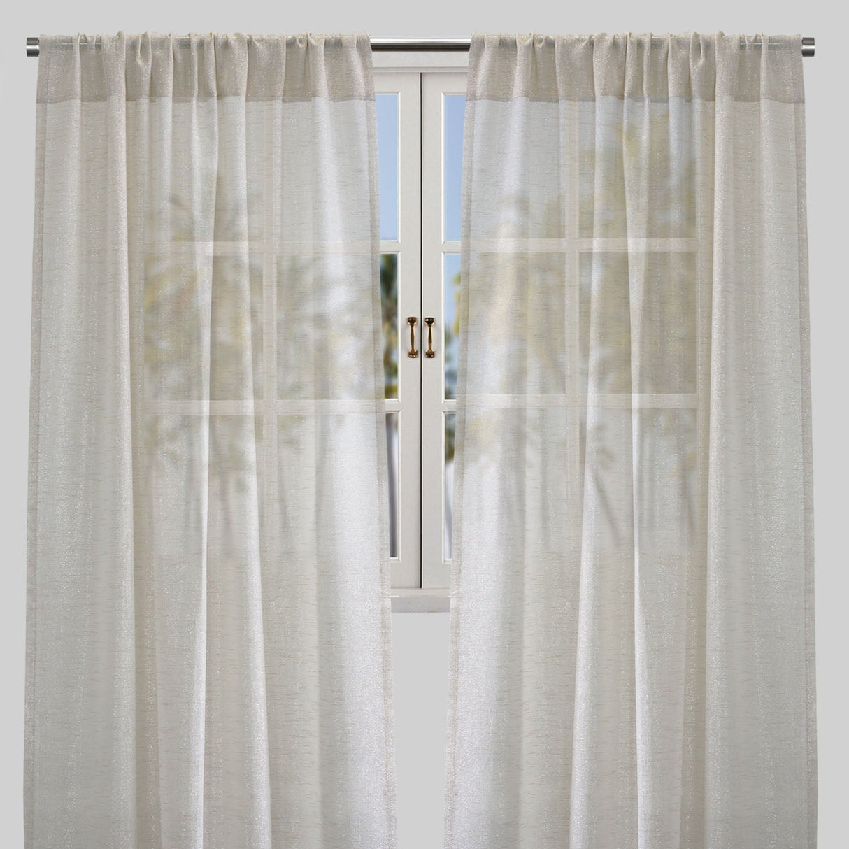 Morocco Polyester Fabric - Solid Textured Metallic Sheer, White/Ivory/Silver, 54" X 84" Or 54" X 96" (Set Of 2)