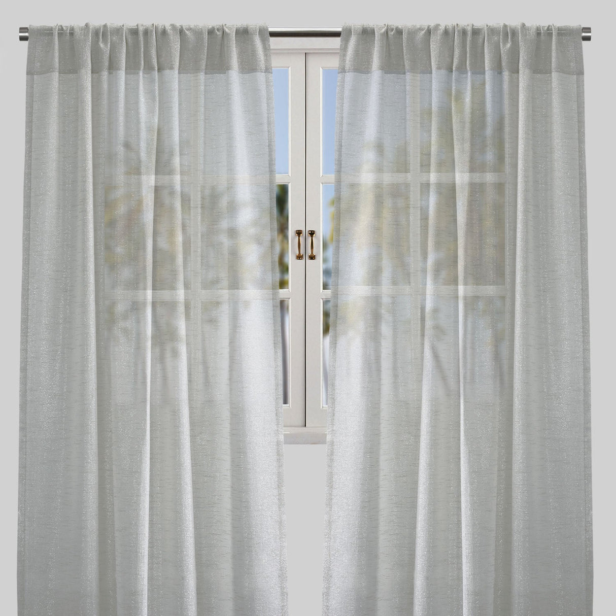 Morocco Polyester Fabric - Solid Textured Metallic Sheer, White/Ivory/Silver, 54" X 84" Or 54" X 96" (Set Of 2)