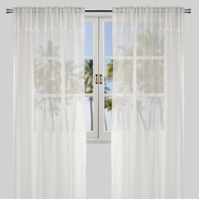 Ramona Polyester Fabric - Horizontal Stripe Net-Like Sheer, Ivory, 54" X 96", Rod Pocket (2 Panels)