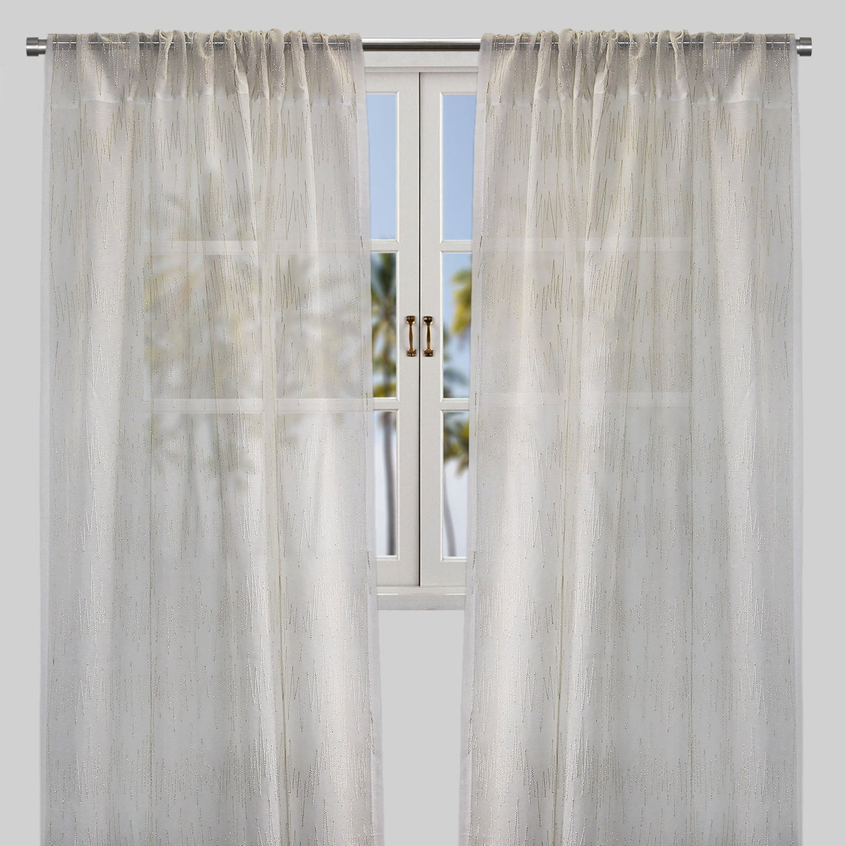 Zeek Linen Fabric - Metallic Zig Zag Embroidery, Sheer, Silver, 54" X 96", Rod Pocket (Sold By The Pair)