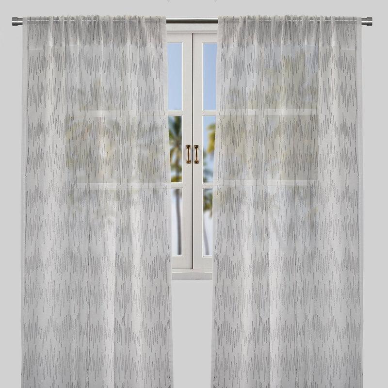 Zeek Linen Fabric - Metallic Zig Zag Embroidery, Sheer, Silver, 54" X 96", Rod Pocket (Sold By The Pair)