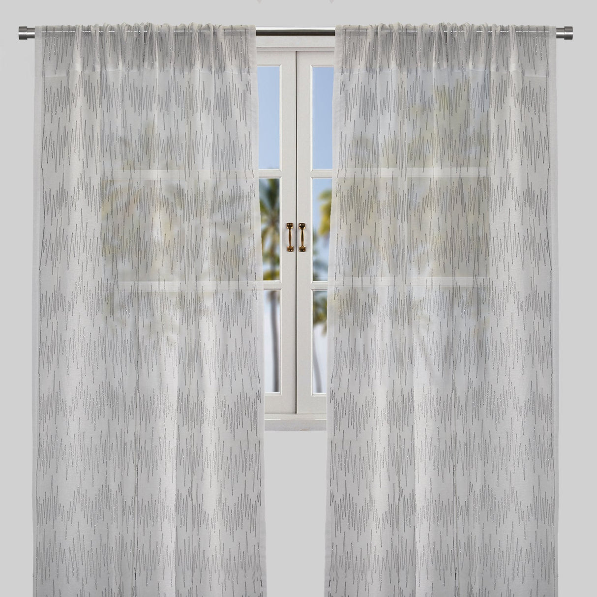 Zeek Linen Fabric - Metallic Zig Zag Embroidery, Sheer, Silver, 54" X 96", Rod Pocket (Sold By The Pair)