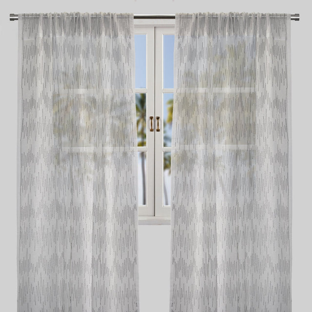 Zeek Linen Fabric - Metallic Zig Zag Embroidery, Sheer, Silver, 54" X 96", Rod Pocket (Sold By The Pair)