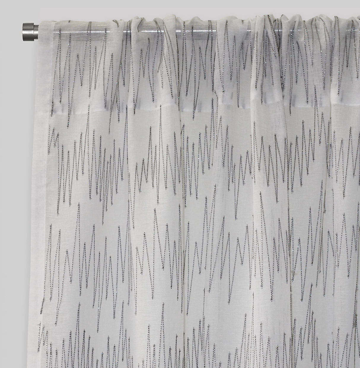 Zeek Linen Fabric - Metallic Zig Zag Embroidery, Sheer, Silver, 54" X 96", Rod Pocket (Sold By The Pair)