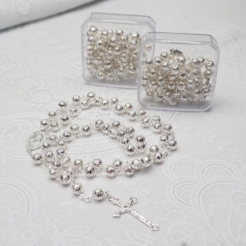 23" Silver Filigree Metal Ball Rosary Gift Box Favor - Pack of 12