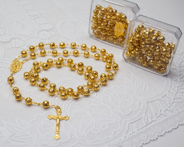 23" Gold Filigree Metal Ball Rosary Gift Box Favor - Pack of 12