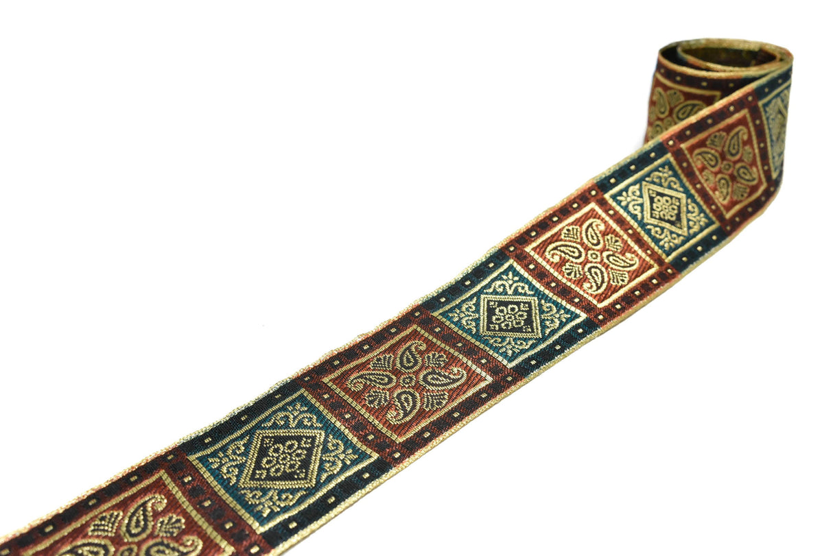 Jacquard Ribbon Burgundy Teal 2.70"