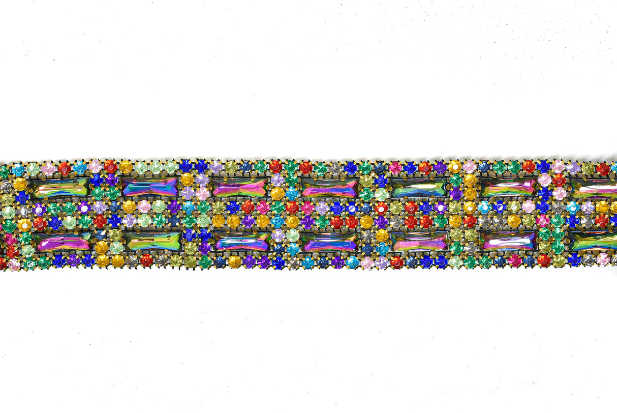 Rhinestone Trim Multi-Color Gold Cupping 1.5"