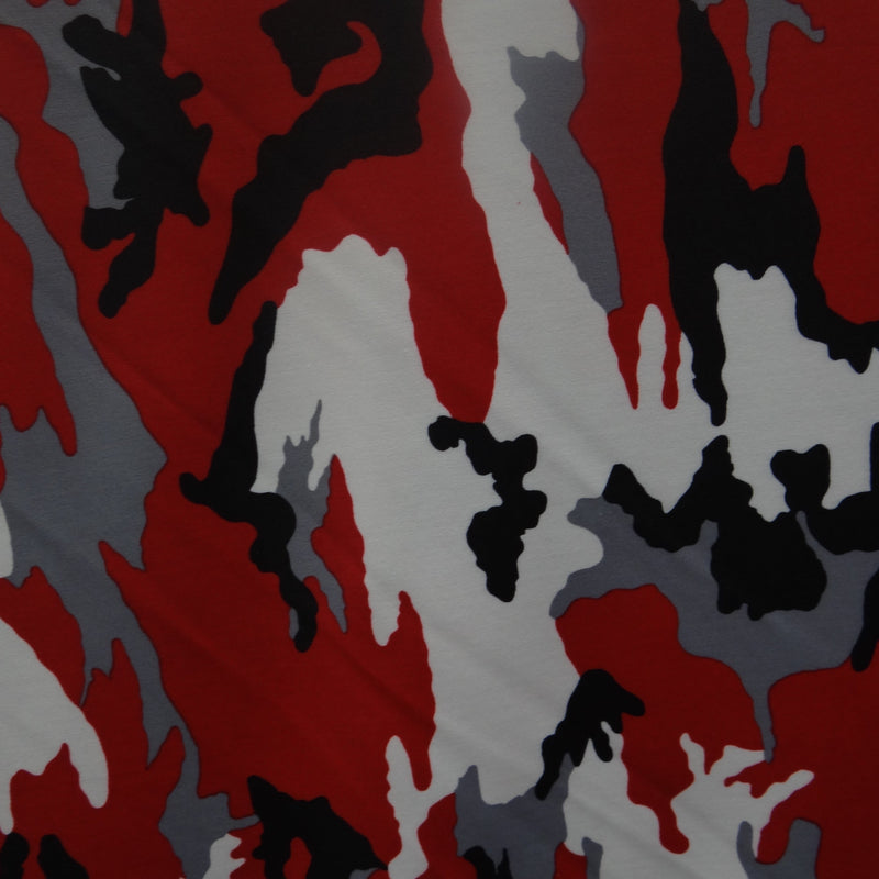 Crimson Shadow Camouflage Polyester Spandex Fabric - Red, Grey, Black, White Camouflage Print, 58"/60" Width (1 Yard)
