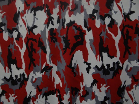 Crimson Shadow Camouflage Polyester Spandex Fabric - Red, Grey, Black, White Camouflage Print, 58"/60" Width (1 Yard)