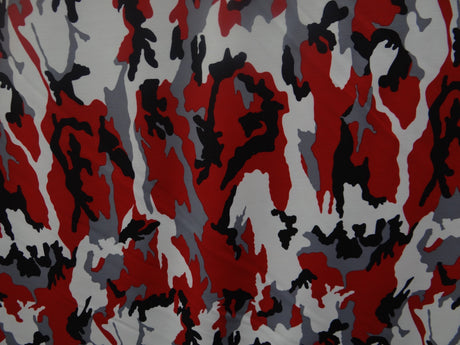 Crimson Shadow Camouflage Polyester Spandex Fabric - Red, Grey, Black, White Camouflage Print, 58"/60" Width (1 Yard)