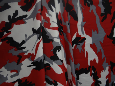 Crimson Shadow Camouflage Polyester Spandex Fabric - Red, Grey, Black, White Camouflage Print, 58"/60" Width (1 Yard)