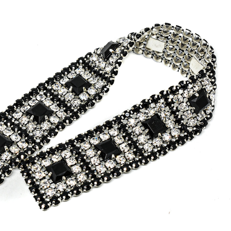 Rhinestone Trim Black Clear Silver Cupping 1"