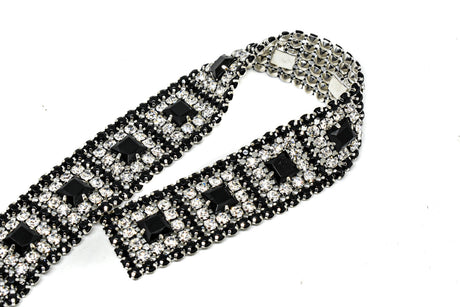 Rhinestone Trim Black Clear Silver Cupping 1"